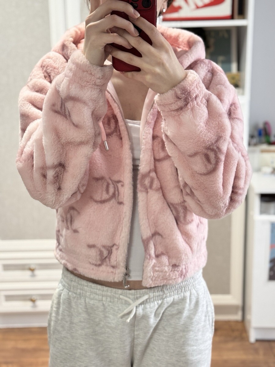 JUICY COUTURE Fluffy Pink Monogram Faux Fur Zip Hoodie Size JUICY COUTURE Fluffy Pink Monogram Faux Fur Zip Hoodie Size