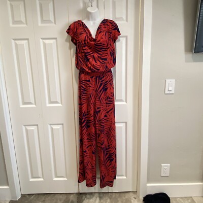 AGB Women's Short Sleeve Cowl Neck Jumpsuit Wide Leg Navy /Red Stretch Smocked S