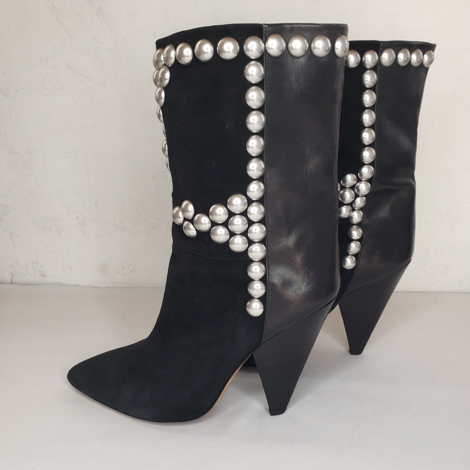 ISABEL MARANT Layo Black Leather Suede Studded Boots Cone Heel 39 9 Runway RARE image 8