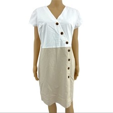 Ann Taylor US 12 Petite Cream LINEN Blend Short Sleeve Sheath Midi Dress NWT