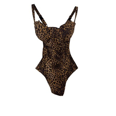 TA3 Pushy Leopard Print Underwire One Piece Swimsuit Lace Up XS Short F/G Cup