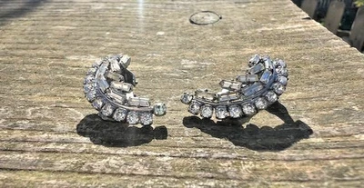 Boucles d'oreilles anciennes argenté clips strass cristal - Photo 1/4