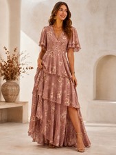 Toleen Floral High Low Maxi Dress Mauve Ruffle Tiered V Neck Romantic Medium C8