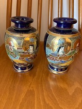 Pair of Vintage Japanese Satsuma Vases Gold Detail Signed