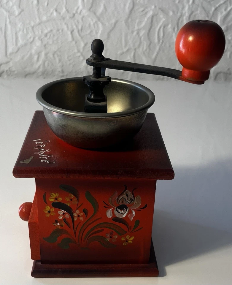 Moulin à Café Ancien Bois Rouge Décor Floral Manuel Vintage Cuisine - Photo 3/3