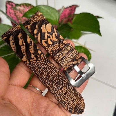 24/22 mm Padded  Brown   Genuine OSTRICH Leg LEATHER SKIN WATCH STRAP BAND