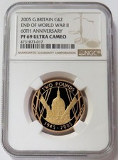 2005 GOLD GREAT BRITAIN 2 POUNDS END OF WWII 60TH ANNIVERSARY NGC PF 69 UC
