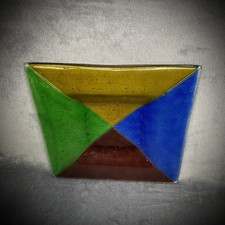 Fused Art Glass Plate - Green Blue Red & Yellow - 11” Square - Gift Idea
