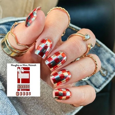 Red Aspen Press on Nails- Naughty or Nice, Naimah-Silver Red Checks Short Coffin