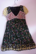 Small Black Floral Short Sleeve MANGO Dress Side Zipper Tie Back Ruffled Bottom 