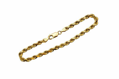 14k Yellow Gold Men Women 5mm D/Cut Rope Chain Bracelet Size 8'' Hollow