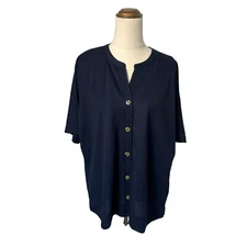 Witchery Navy Blue Button Down Short Sleeve Shirt Blouse Sz Small Casual V Neck