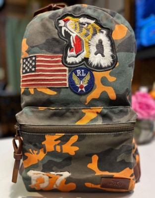 POLO Ralph Lauren '67 Backpack Men's Orange Camo Tiger USA Flag Patch Canvas