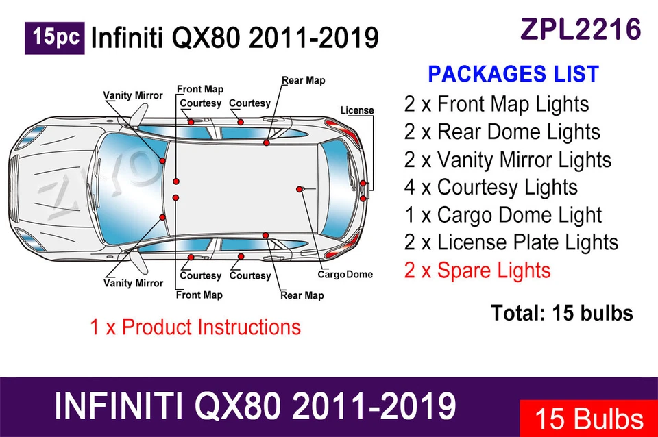 Kit de 15 bombillas LED interiores actualización para Infiniti QX56 QX80 2011-2019 Foto 2 de 4