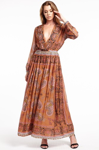 Hand Beaded Maxi Dress Long Sleeve Size 