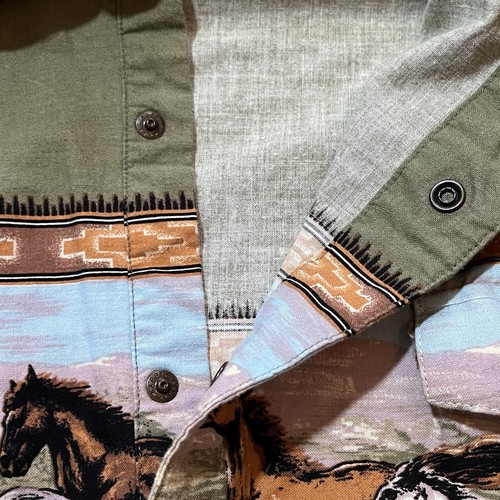 Panhandle Slim Western Shirt XL Green & Beige Horse Pearl Snap Cowboy Button Up - Picture 11 of 12