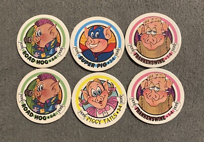 Lot of 6 Vintage Pork Pig Pogs. Set 1-4 Plus Two Duplicates.