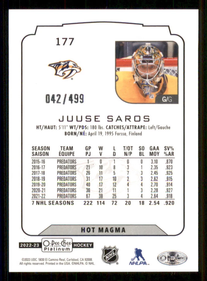 2022-23 O-Pee-Chee Platinum Hot Magma #177 Juuse Saros /499 - Image 2 of 2