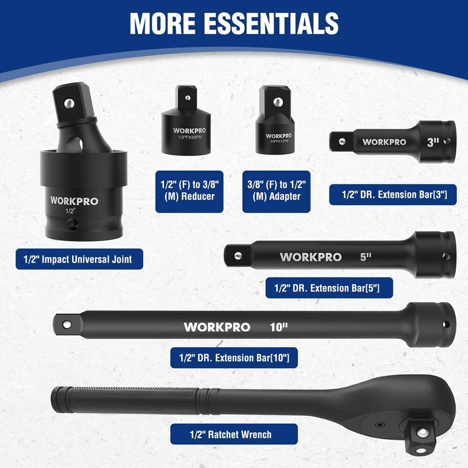 WORKPRO 65PC 1/2” Drive Impact Socket Sets 3/8"-1-1/4" 10-24mm Deep Shallow Kits - Image 3 of 4