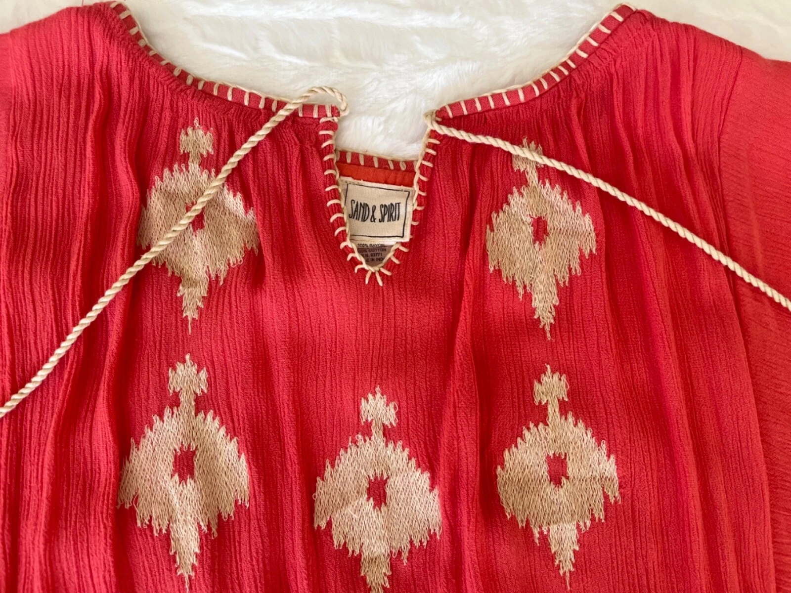 OFF WHITE Abito Sand & Spirit taglia M corallo bianco sporco ricamato nappa manica 3 4 boho