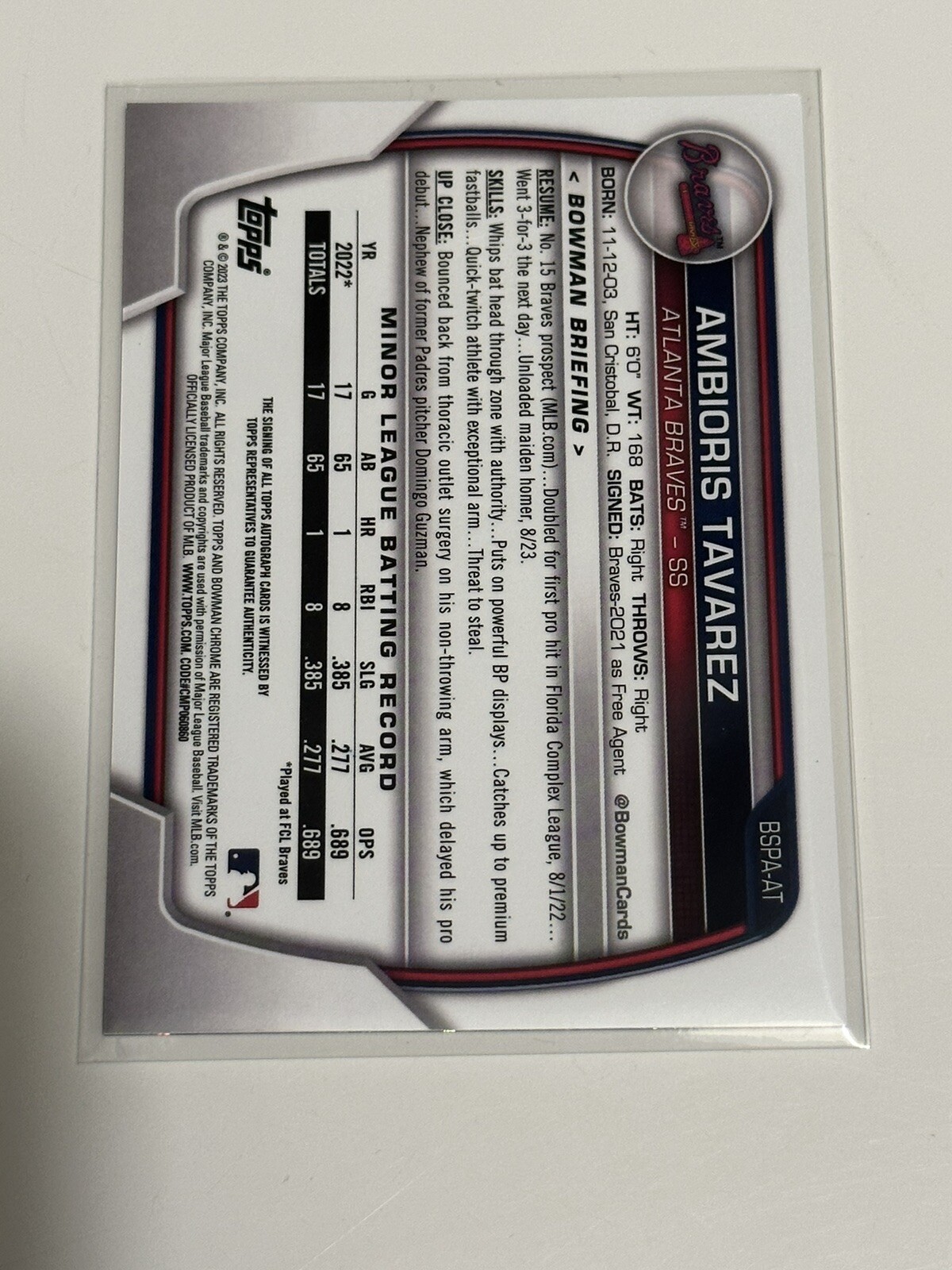 2023 Bowman Chrome Sapphire Ambioris Tavarez Auto BSPAAT Braves eBay