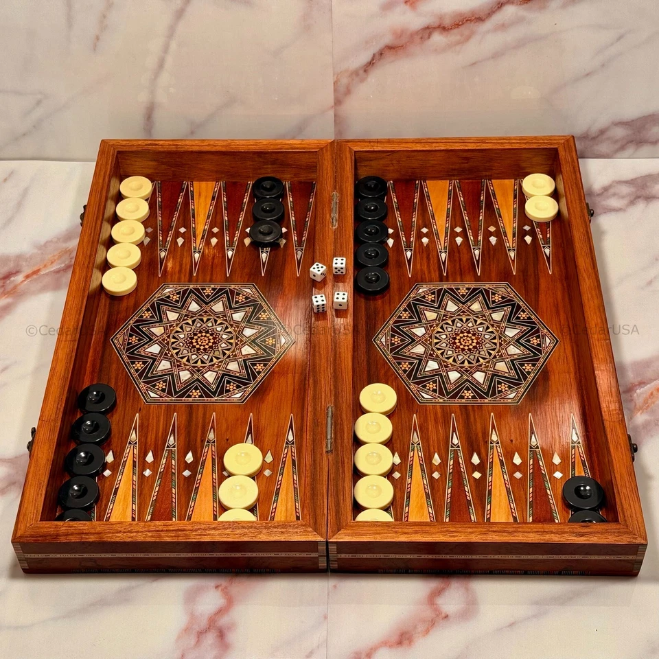 Handmade Backgammon Board Set Rosewood Antique Chess Table Wood Pieces Dice Game - Image 2 of 4