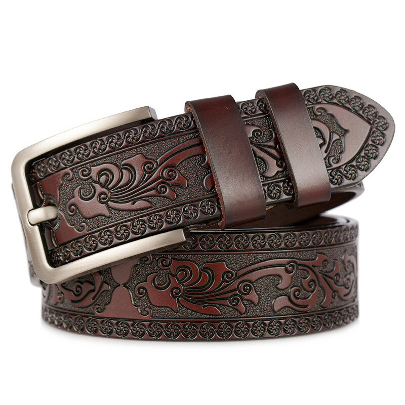 Men Waist Belt Floral Embossed Leather Cowboy Retro Casual