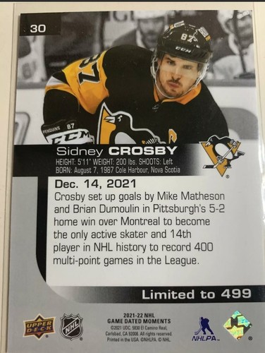 Juego de cubierta superior Momentos con fecha 2021-22/499 Sidney Crosby #30 - Imagen 2 de 2