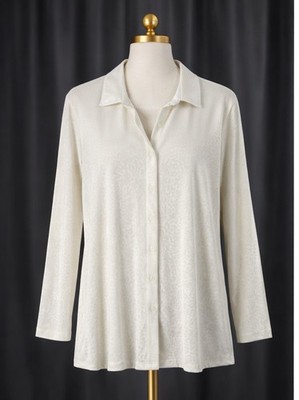 Lands End Velour Velvet Button Up Top Size Large (14-16) Cream Cheeta Print