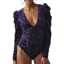 Free People Magic Hour Velvet Long Sleeve Bodysuit Deep Sea Purple Size XS