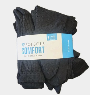 SIX 6 PAIRS Sof Sole  Comfort Casual PolyBlend Cushion Crew Athletic Black LARGE