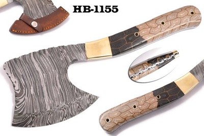 12''Base Camp FINGER TIP CANVAS MICARTA Damascus Steel Hatchet Axe Knife HB-1155