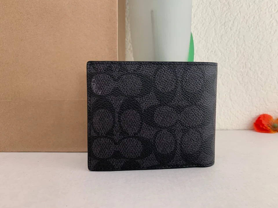 Cartera 3 en 1 Coach CW380 para hombre nueva con etiquetas en lona y cuero negro carbón Foto 2 de 4