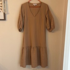 Intermix Womens puff short sleeve ruffle tan tiered prairie v-neck  dress size 4