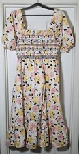 Kate Spade Lily Blooms Smocked Midi Dress Size Large White Puff Sleeve Tiered