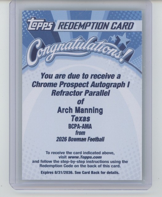 ARCH MANNING 2026 Topps Bowman Football Texas Chrome Auto Refractor BCPA-AMA SP