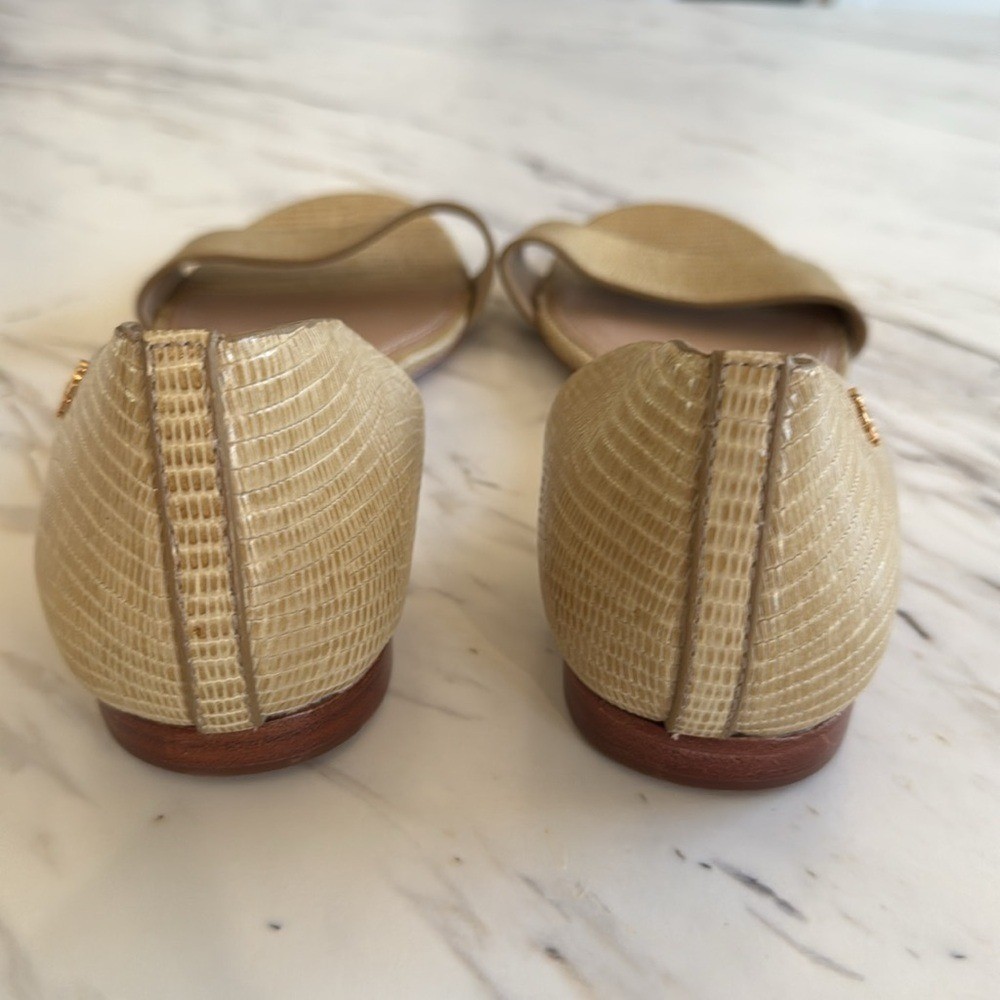 Tory Burch Savannah D'Orsay Flat Sandals Tan Embossed Leather Strap Front Sz 10 thumbnail 5