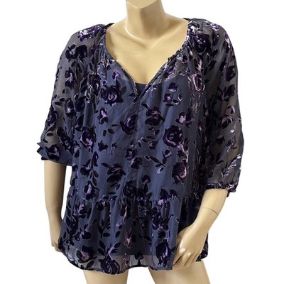 Faded Glory Velvet Burnout Blouse Womens Large 2 Piece Sheer Floral Blue Purple