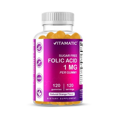 Vitamatic Folic Acid Gummies 1000 mcg (1 mg) 120 Count (Pack of 1), No Color