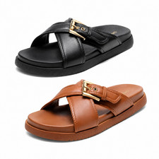 Women Slide Sandals Faux Leather Fashion Flat Sandals Beach Walking Sandals
