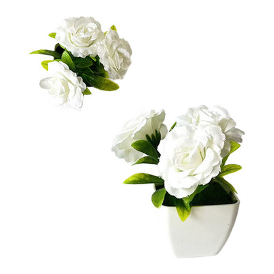 3 Rosen Kunstpflanze im weißen quadratischen Topf mit Moos - 4,1 cm hoch