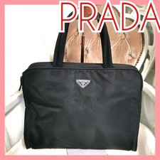 PRADA Triangular Logo Plate Hand Bag Tote Bag Nylon Leather Black Used
