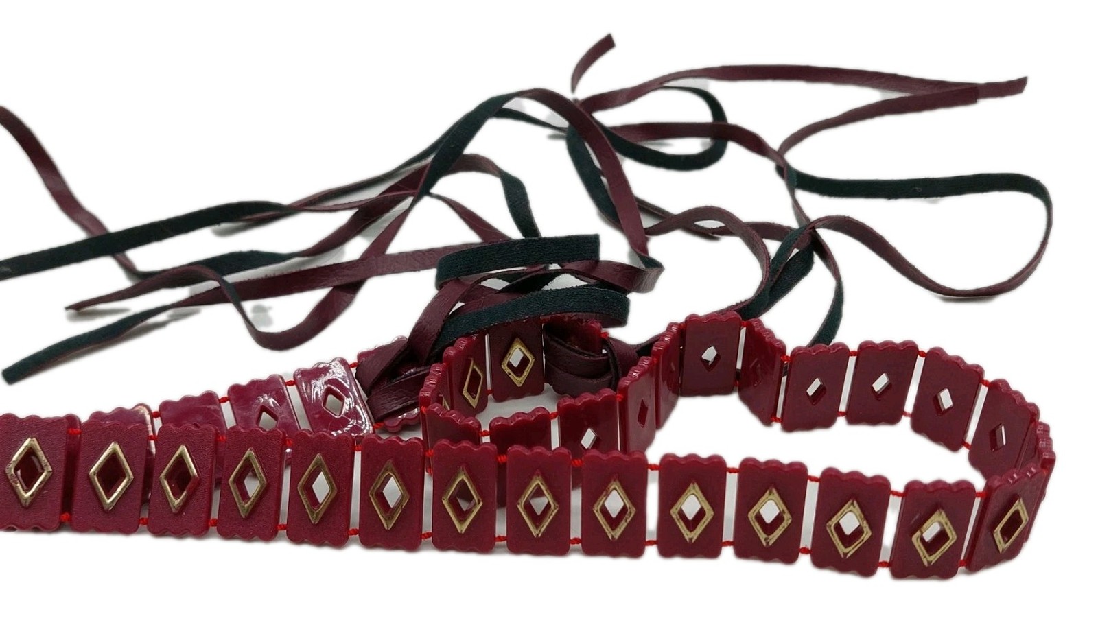 Vintage Womens Belt Plastic Red Gold Square Fringe 24