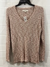 Loft Women's V-Neck Ribbed Marled Sweater Shirt Rust Orange White NWT Sz XS