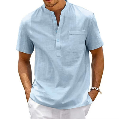 Baumwolle Leinen Hemd Herren Henley Hals Tasche Freizeit Strand Kurzarm Einfarbig 