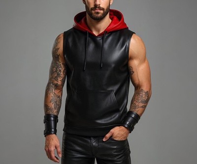New Mens Black Hooded Leather Vest| Genuine Soft Sheepskin Leather Biker Vest M.