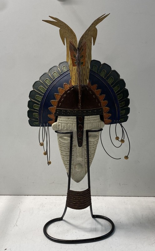 Unsigned Modernist Mixed Media Bird Mask Sculpture Tribal Style Metal Stone 26"
