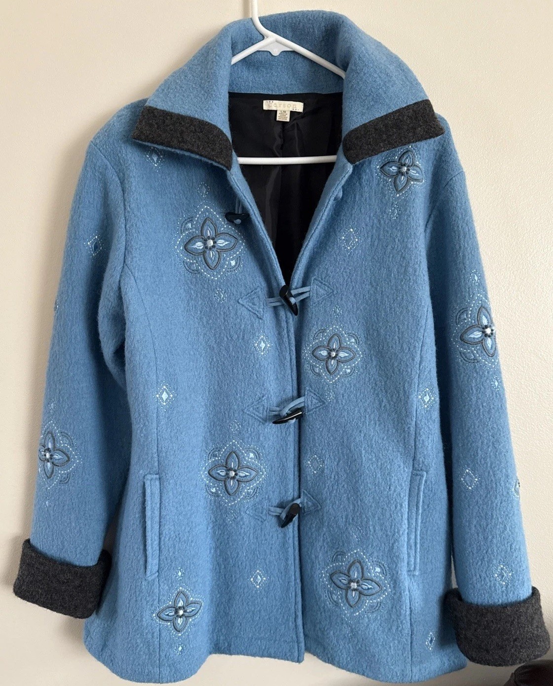 Vtg Carson Blue Wool Toggle Closure Embroidered L… - image 1