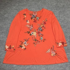 Johnny Was Los Angeles 3/4 Sleeve Floral Tee Top XL Orange Cotton