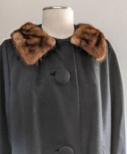 VTG Black Wool Coat Mink Collar Large Buttons 1960's Womens Size Small